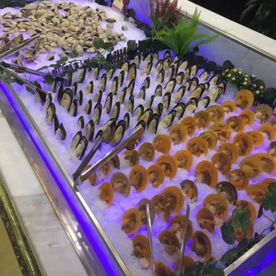Nhà trực tiếp, da đen, thép không gỉ mở hải sản băng hiển thị ướp lạnh bàn 