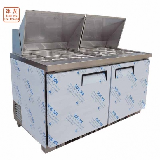 ngang tùy chỉnh 304 bằng thép không gỉ làm mát bằng không khí quầy bar trưng bày tủ đông với vỏ thép không gỉ 